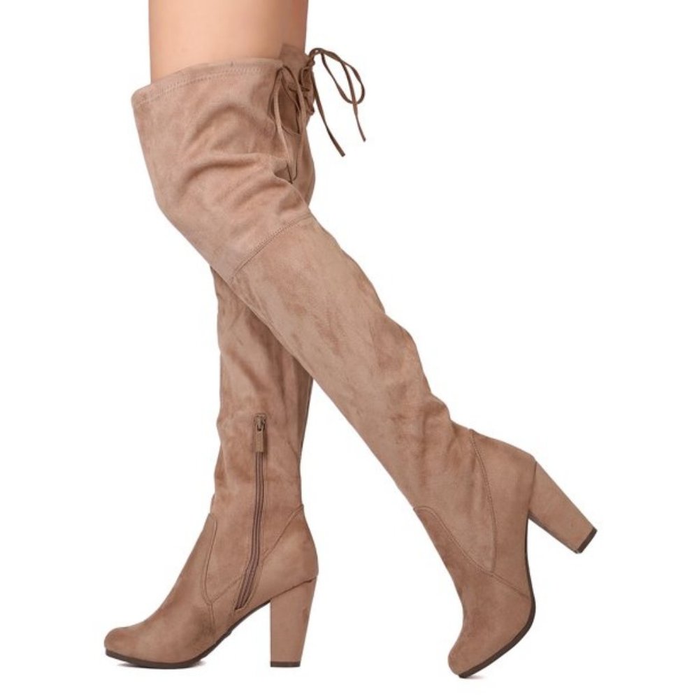 Breckelles Drawstring Thigh High Vegan Suede Chunky Heel Over The Knee Boots